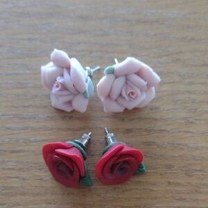 Floral Rose Stud Earrings Set - Pink and Red